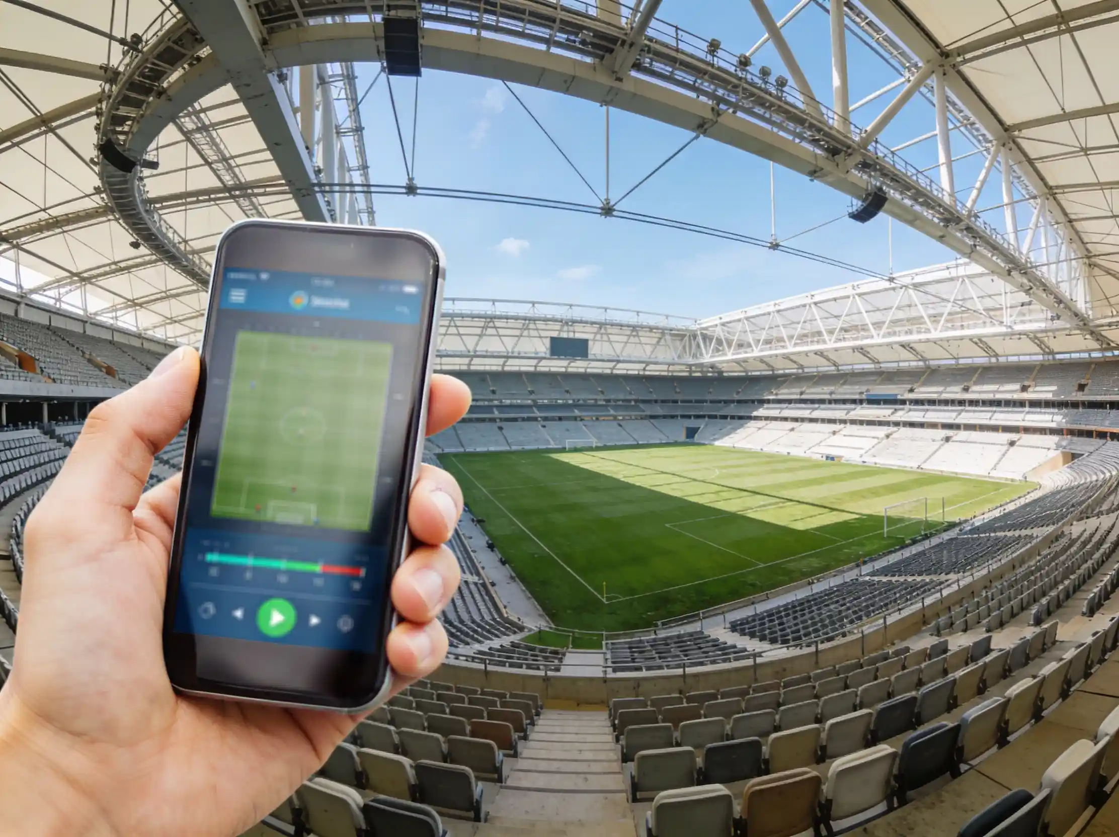 Spor stadyumu tribünü ve dijital ödeme ekranı görüntüsü
